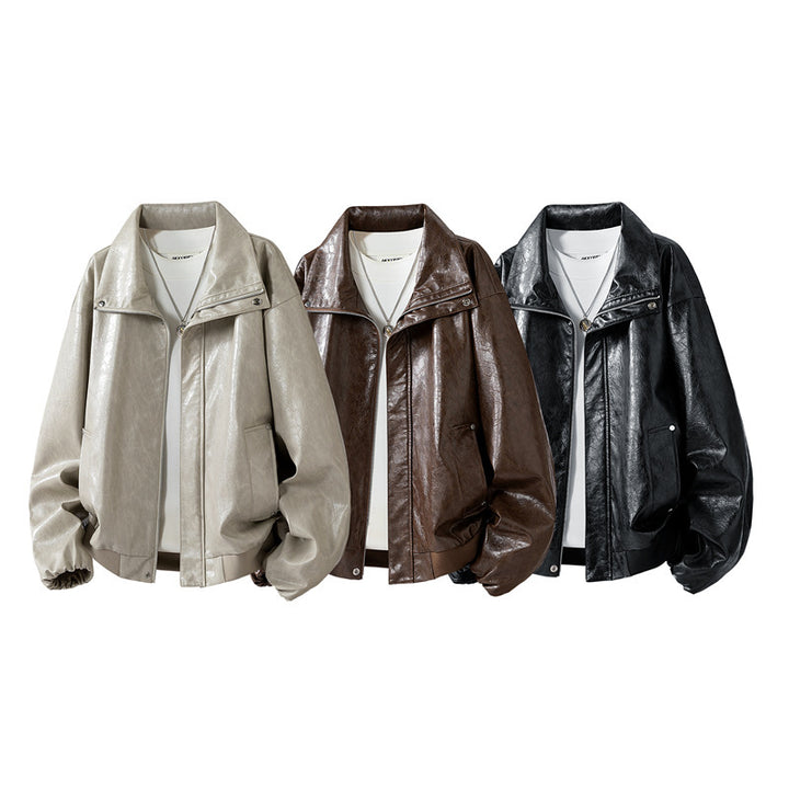 Women's Fashionable Faux Leather Jacket with High Collar Mune Fashion