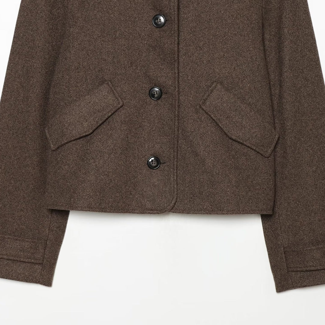Women Cropped Boxy Jacket with High Stand-Up Collar, Button Placket and Flap Pockets