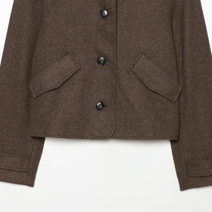 Women Cropped Boxy Jacket with High Stand-Up Collar, Button Placket and Flap Pockets