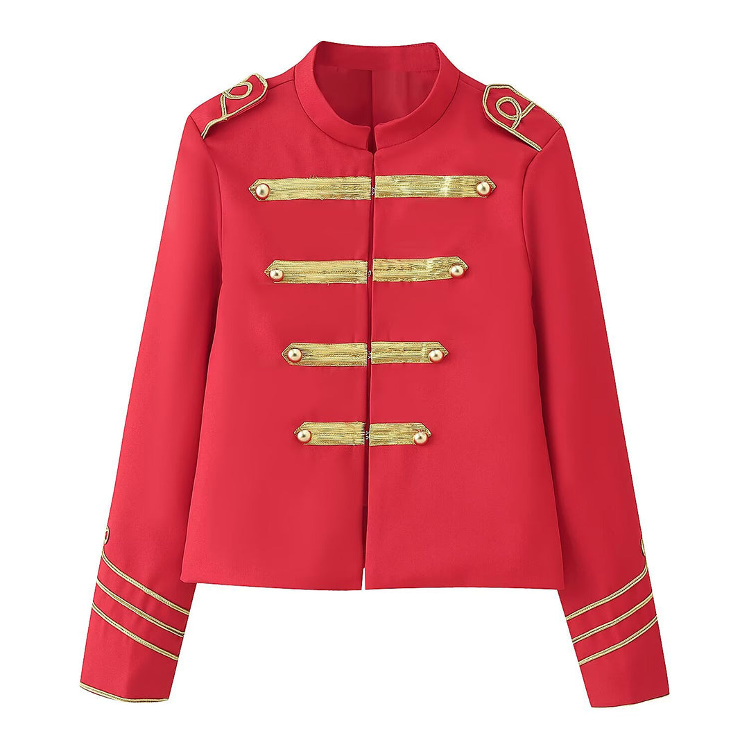 Ladies Cropped Military Jacket with Gold Embroidered Galloons and Stand-up Collar Mune Fashion