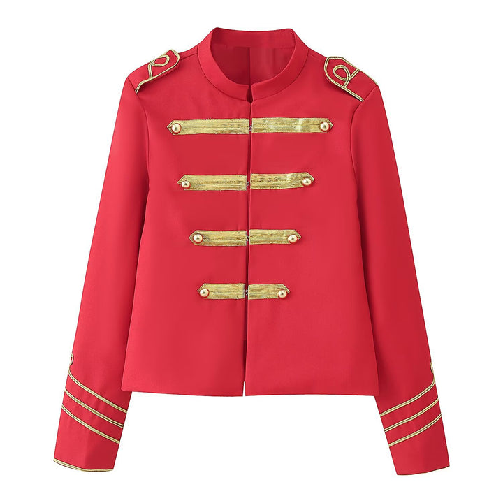 Ladies Cropped Military Jacket with Gold Embroidered Galloons and Stand-up Collar Mune Fashion