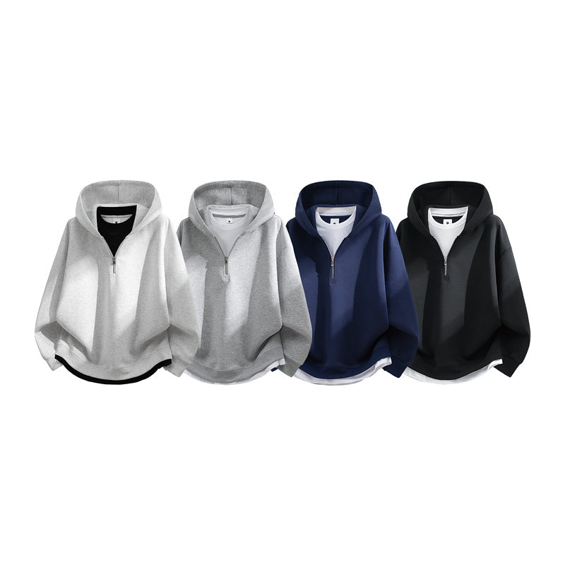 Unisex Oversize-Halfzip-Hooded Sweatshirt with Layered Look, Rounded Hem & Ribbed Cuffs Mune Fashion
