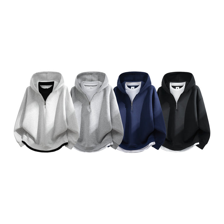 Unisex Oversize-Halfzip-Hooded Sweatshirt with Layered Look, Rounded Hem & Ribbed Cuffs Mune Fashion