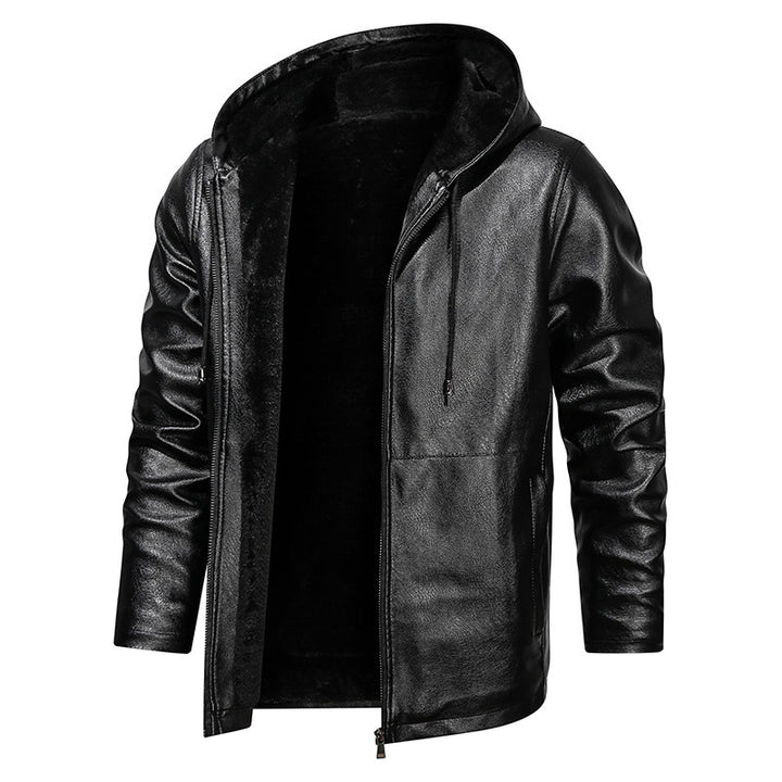Men's faux leather hoodie jacket with teddy fleece lining and slim silhouette Mune Fashion
