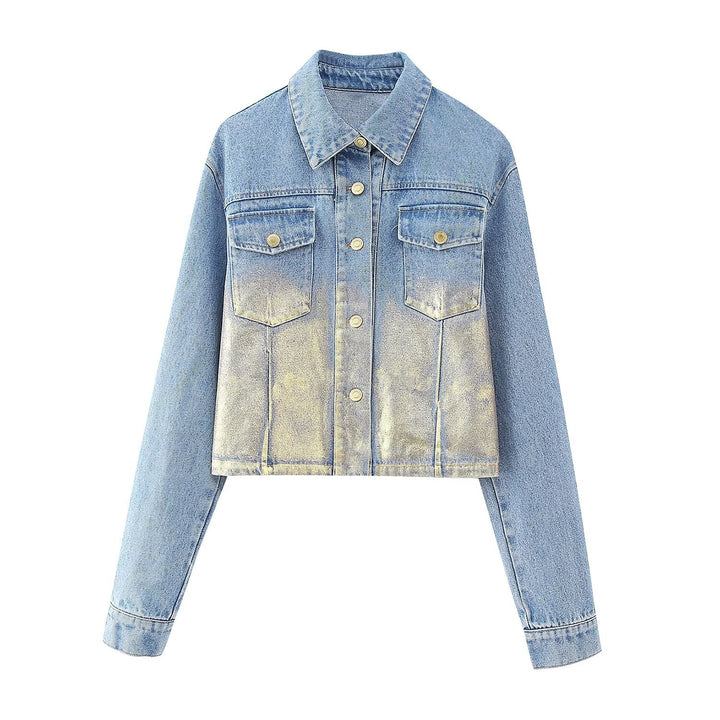 Women's Short Denim Jacket with Metallic Finish and Patch Chest Pockets Mune Fashion