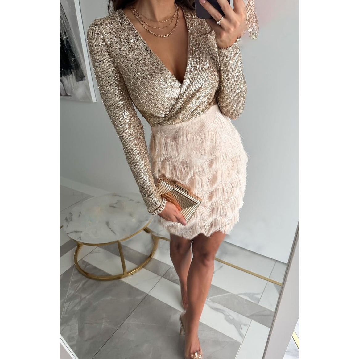 Women Shiny Wrap Mini Dress with Sequin Top and Feather Tiered Skirt Mune Fashion