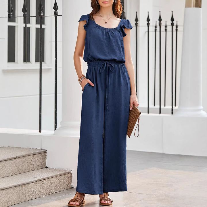 Women's Crinkle Jumpsuit with Wide Leg, Elastic Waistband, and Ruffled Sleeves Mune Fashion