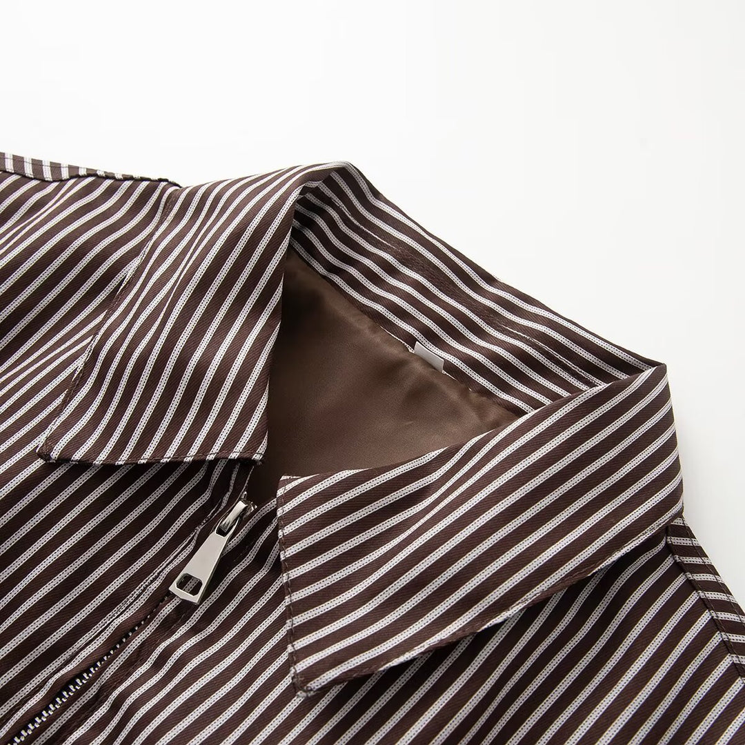 Women's Lightweight Striped Blouson Jacket with Zipper, Shirt Collar and Elastic Hem Mune Fashion