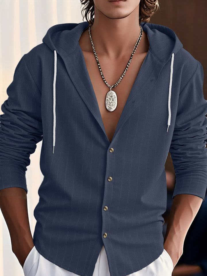 Men's Lightweight Hoodie Shirt with Button Placket and Fine Pinstripe Structure Mune Fashion