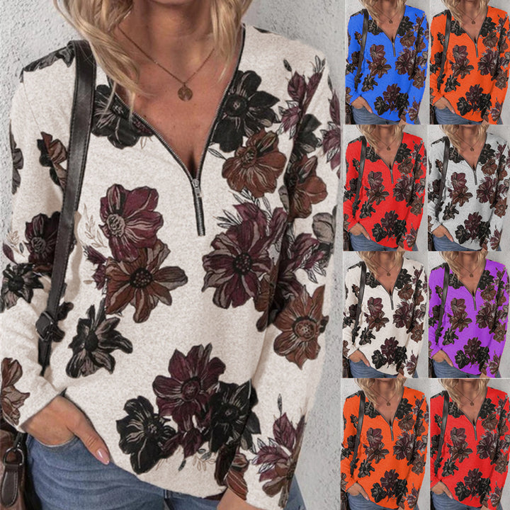 Women's Loose V-Neck Long Sleeve Shirt with Short Zip and Floral Allover Print Mune Fashion