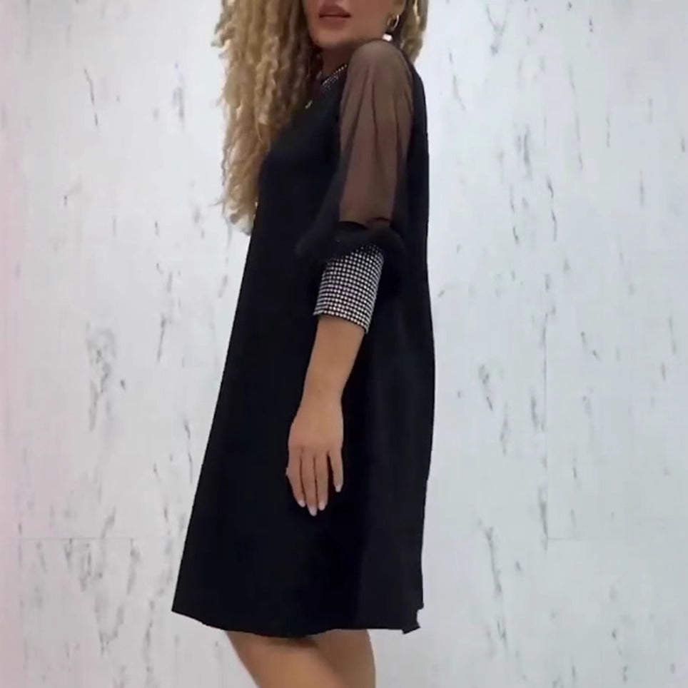 Ladies A-line short dress with transparent mesh sleeves and embellished collar Mune Fashion