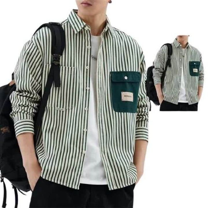 Men Striped Overshirt in Workwear Style with Contrasting Chest Pocket Mune Fashion