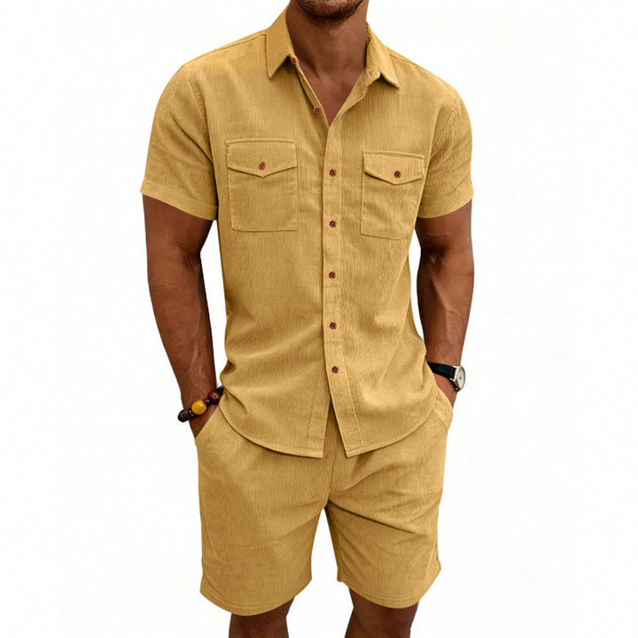 Men's structured cord leisure set with camp collar shirt and casual shorts Mune Fashion