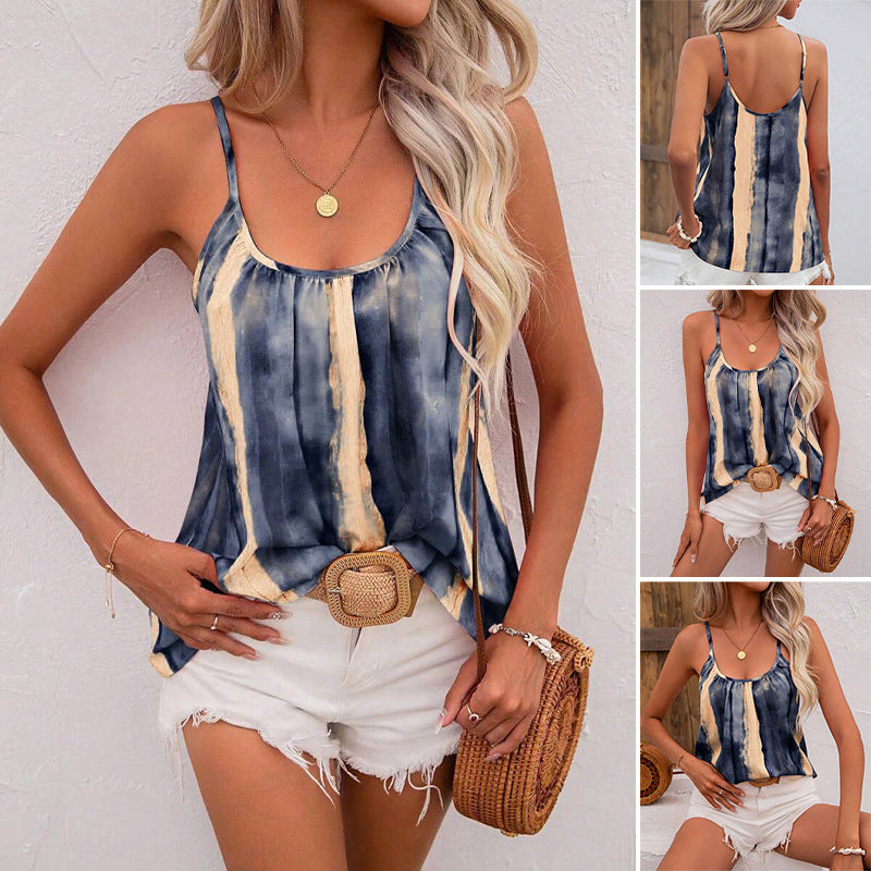 Women’s airy batik spaghetti strap top with U neckline, gathering and A-line cut Mune Fashion