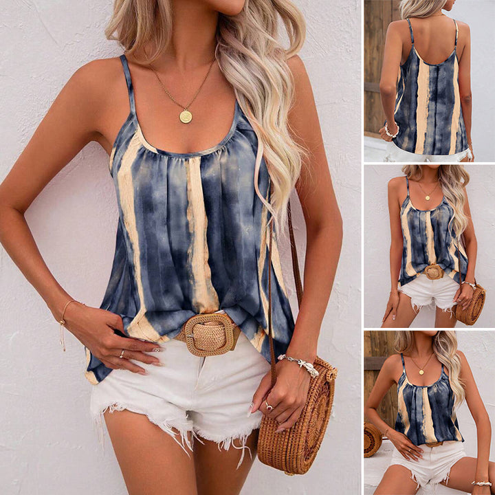 Women’s airy batik spaghetti strap top with U neckline, gathering and A-line cut Mune Fashion