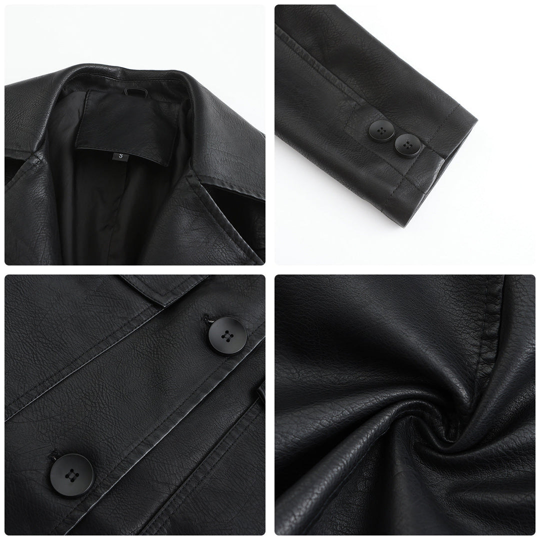 Women's Fashionable Faux Leather Blazer with Practical Pockets Mune