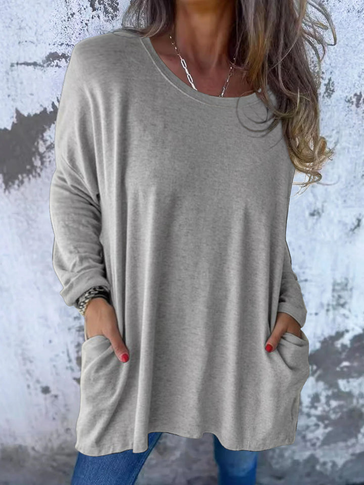 Ladies Soft Oversize Long Shirt with Round Neck, Casual Sleeves and Side Pockets Mune Fashion