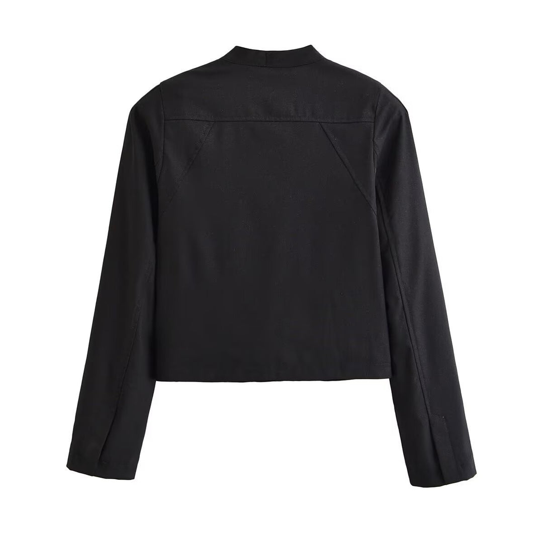 Women short fitted jacket with stand-up collar and decorative loop tape Mune Fashion