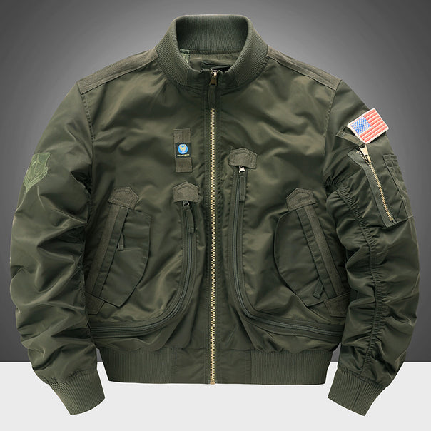 Men's flight bomber jacket with arm pocket, multiple zip pockets, and ribbed hem Mune Fashion