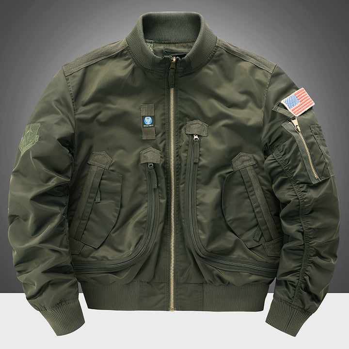 Men's flight bomber jacket with arm pocket, multiple zip pockets, and ribbed hem Mune Fashion