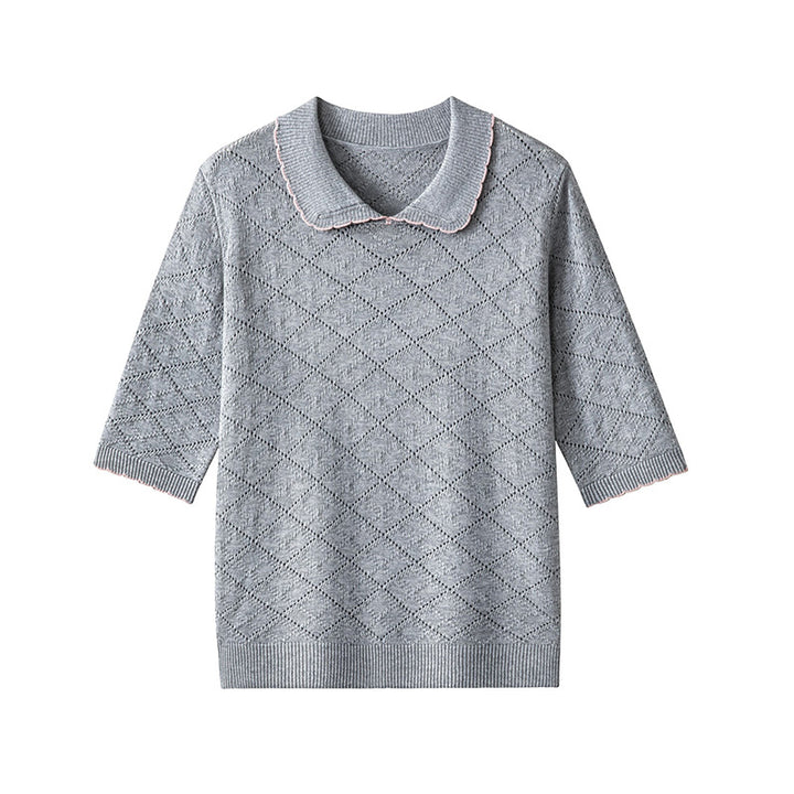 Women's short sleeve fine knit pullover with Peter Pan collar, eyelet diamond pattern and fine contrast edge Mune Fashion