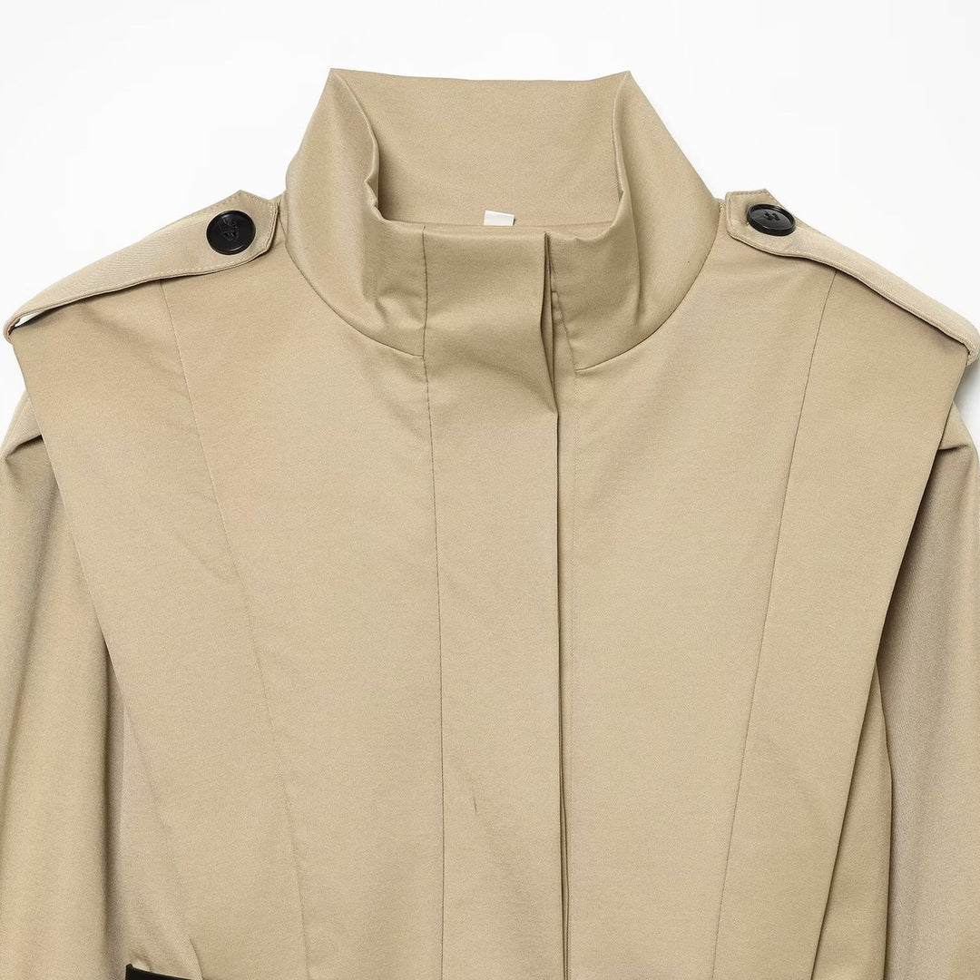 Women Short Cape Trench with High Funnel Collar and Waist Belt Mune Fashion