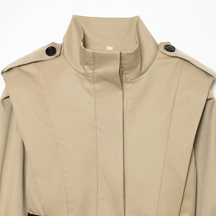 Women Short Cape Trench with High Funnel Collar and Waist Belt Mune Fashion