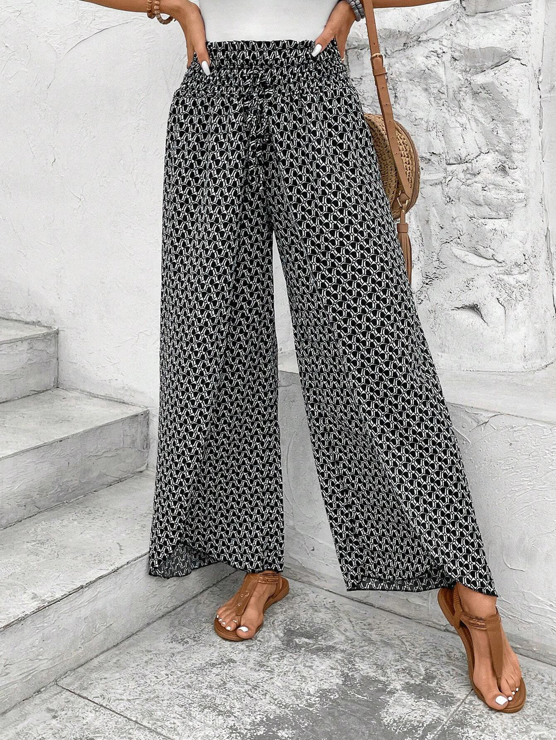Women's Palazzo Pants with Wide Leg and Gathered Elastic Waistband Mune Fashion
