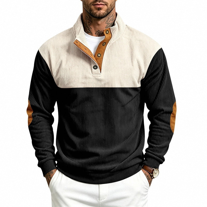 Men's Ribbed Stand-Up Collar Sweater with Button Placket, Contrast Trim and Elbow Patches Mune Fashion