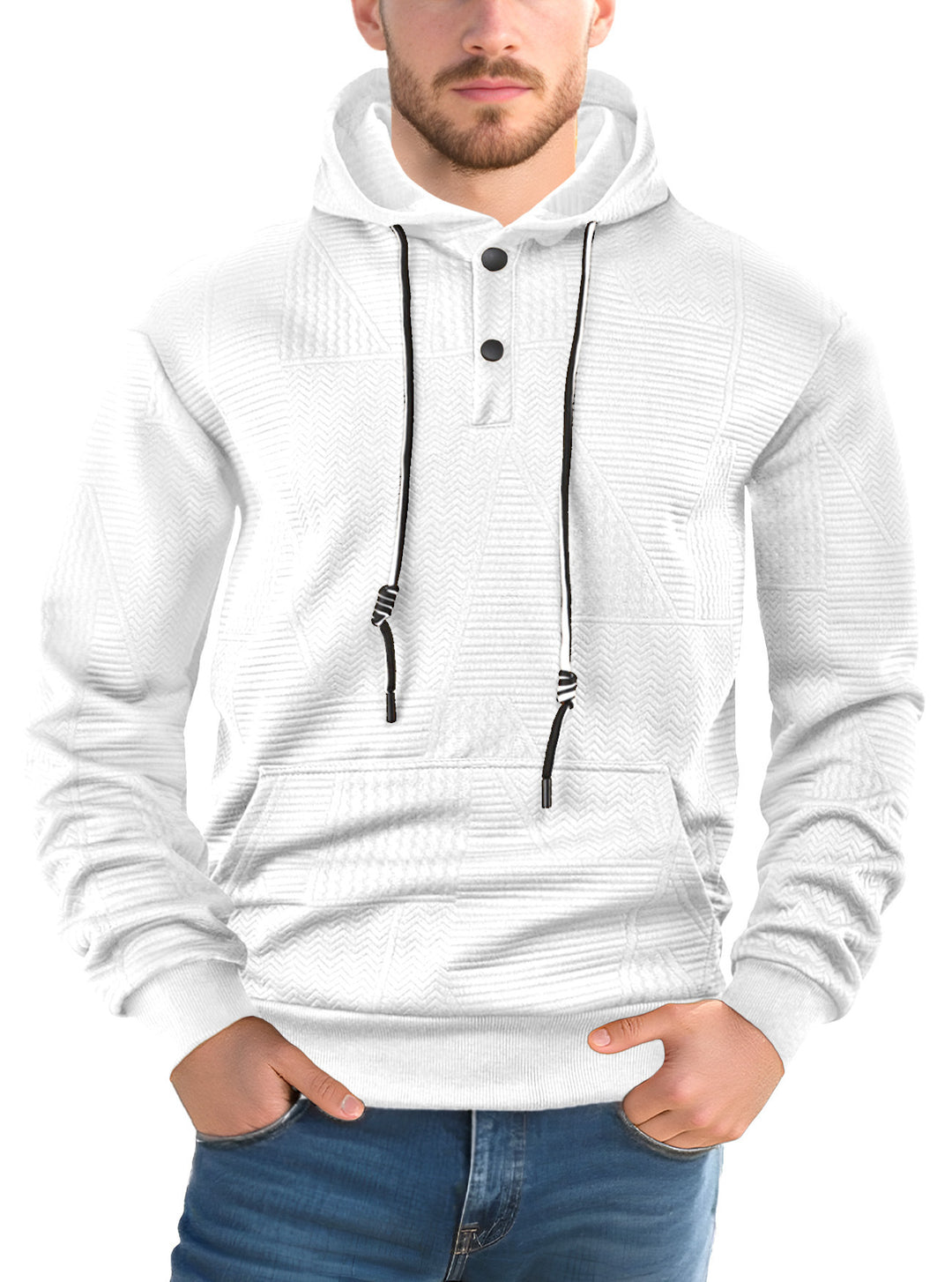 Men's Textured Hoodie with Quilted Patch Structure and Snap Button Placket Mune Fashion