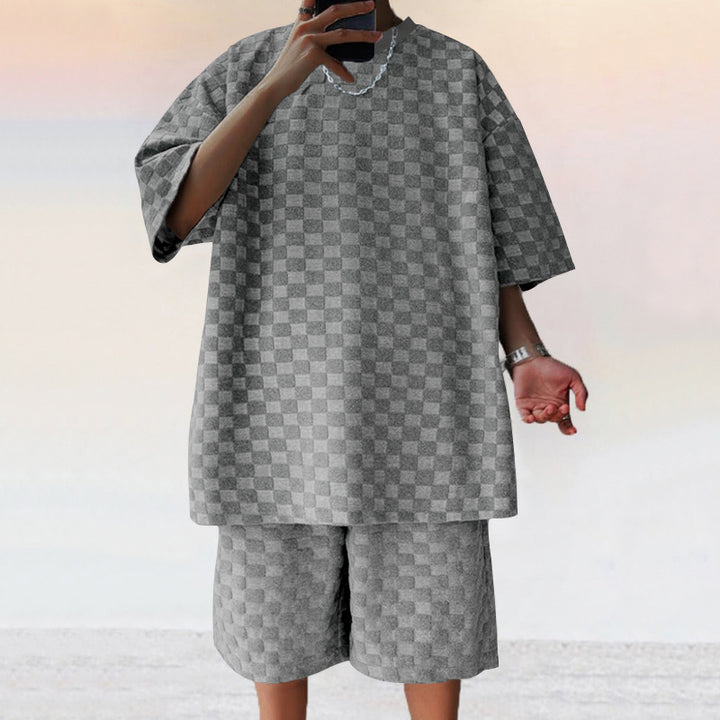 Men's oversized lounge set with textured waffle check pattern, short sleeve shirt and bermuda shorts Mune Fashion