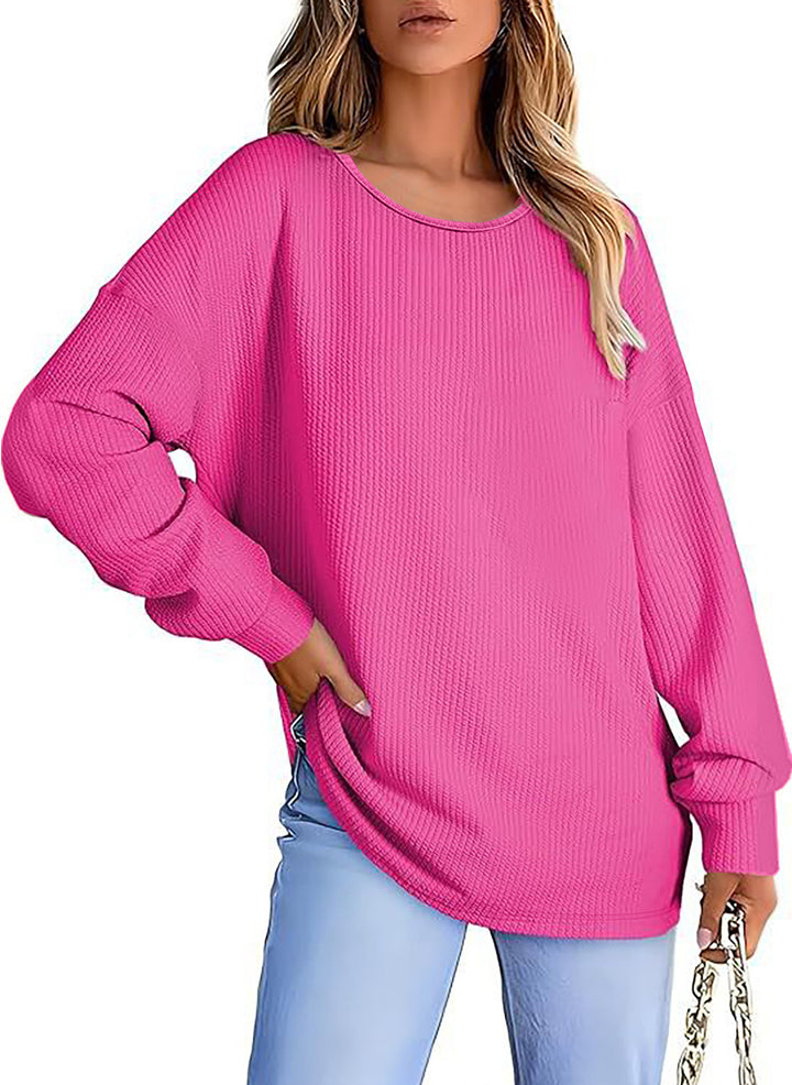 Women's Oversize Waffle Knit Sweater with Round Neck, Balloon Sleeves, and Extended Hem Mune Fashion