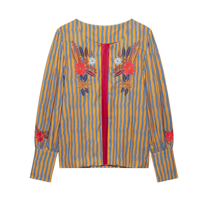 Women's Striped Cropped Blouse with Floral Embroidery Mune Fashion