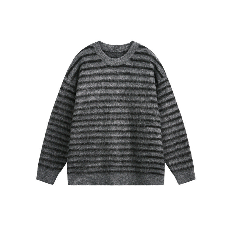 Unisex Oversize Striped Fluffy Sweater with Round Neck