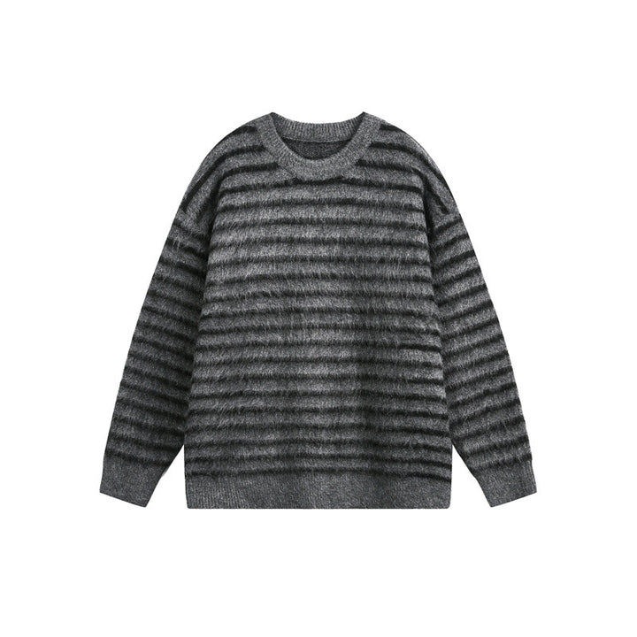 Unisex Oversize Striped Fluffy Sweater with Round Neck