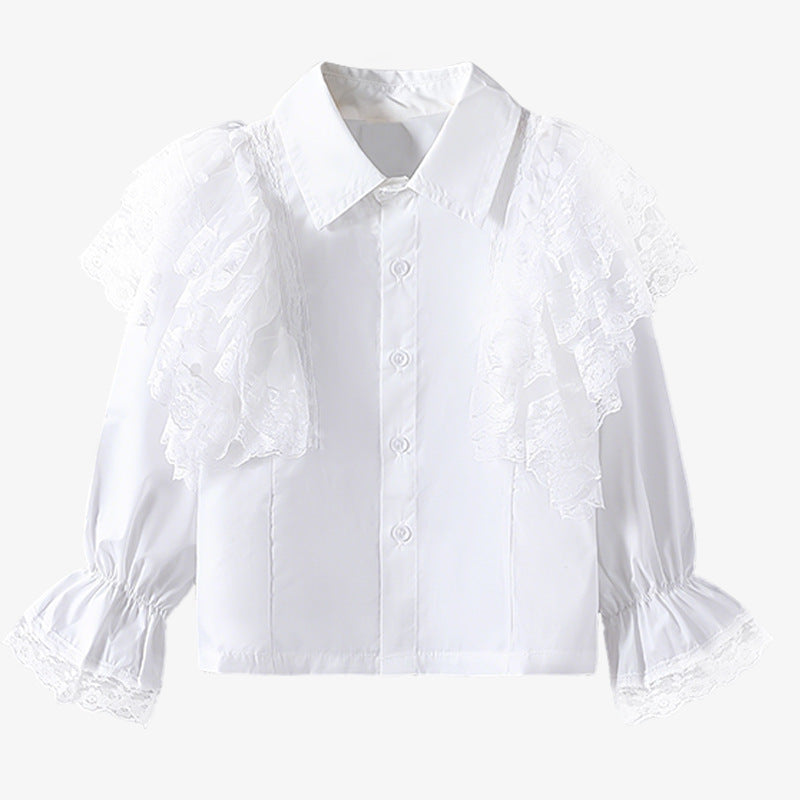Girls blouse with airy lace trim and ruffle details Mune Fashion
