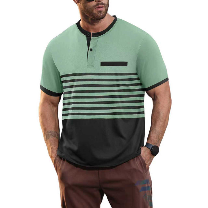 Men's short-sleeved Henley top with short button placket, chest piping, and block stripes Mune Fashion