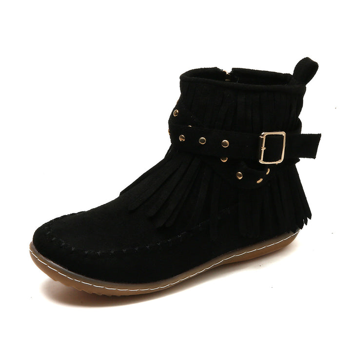Ladies' ankle-high fringe boots in suede look with decorative buckle, decorative studs, and padded comfort insole Mune Fashion