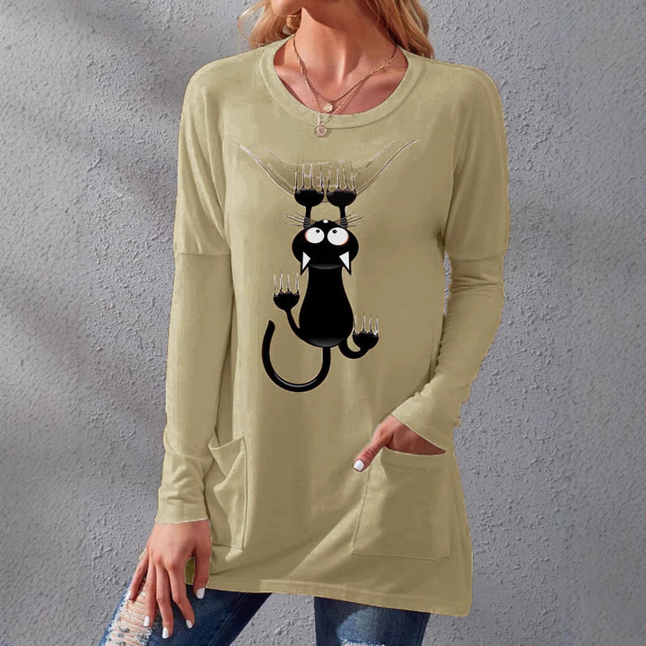 Women’s Longer Cotton Blend Tunic Shirt with Cartoon Cat Print and Side Pockets Mune Fashion