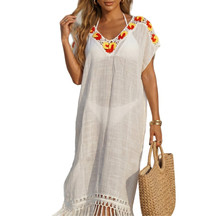 Women's airy crochet beach cover-up with fringed embellishments Mune Fashion
