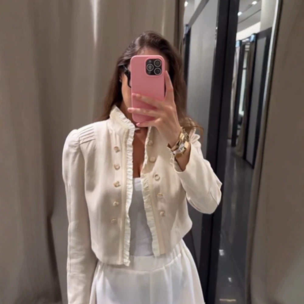 Women's cropped jacket with ruffle trim, puff sleeves, and double-breasted button placket Mune Fashion
