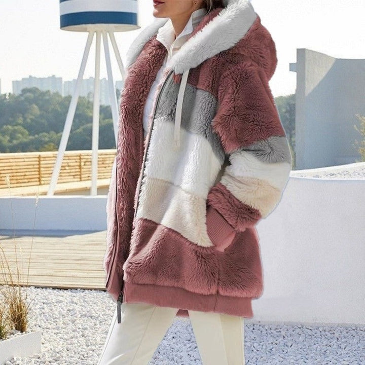 Women's Oversize Teddy Fur Hooded Jacket with Color Block Stripes, High-Quality Zipper and Ribbed Cuffs Mune Fashion