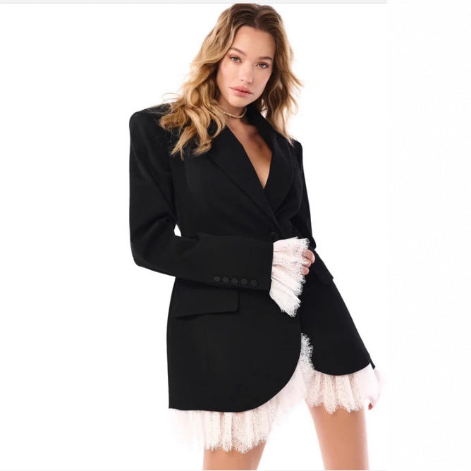 Women's longer tailored blazer coat with lapel collar and patch pockets Mune Fashion