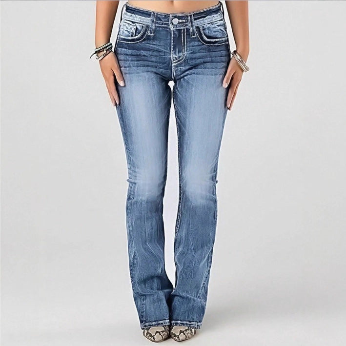 Women mid-rise bootcut jeans with vintage wash, light stretch and five-pocket design Mune Fashion