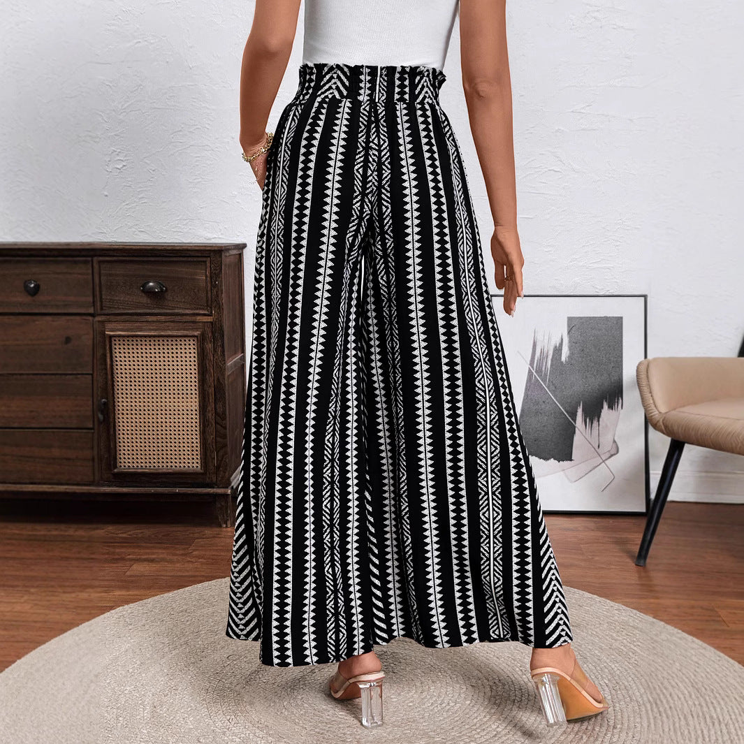 Women's Wide Palazzo Pants with High Smocked Waistband, Side Pockets & Graphic Stripe Pattern Mune Fashion