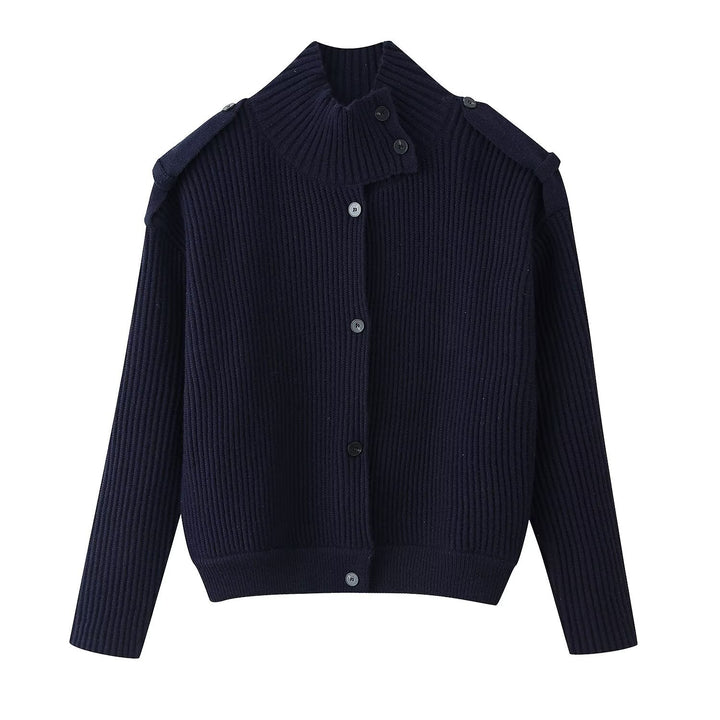 Women’s structured knit cardigan with stand-up collar, button placket and shoulder patches Mune Fashion