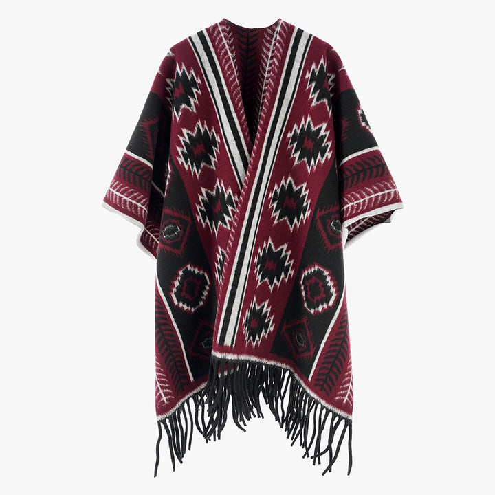 Women's Ethno-Jacquard Poncho with Fringes and Open Oversized Fall Mune Fashion