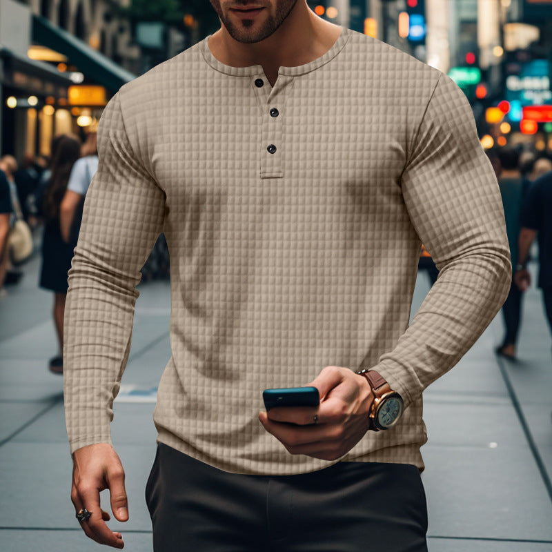 Men's fitted long-sleeve shirt with round neck button placket and waffle structure Mune Fashion