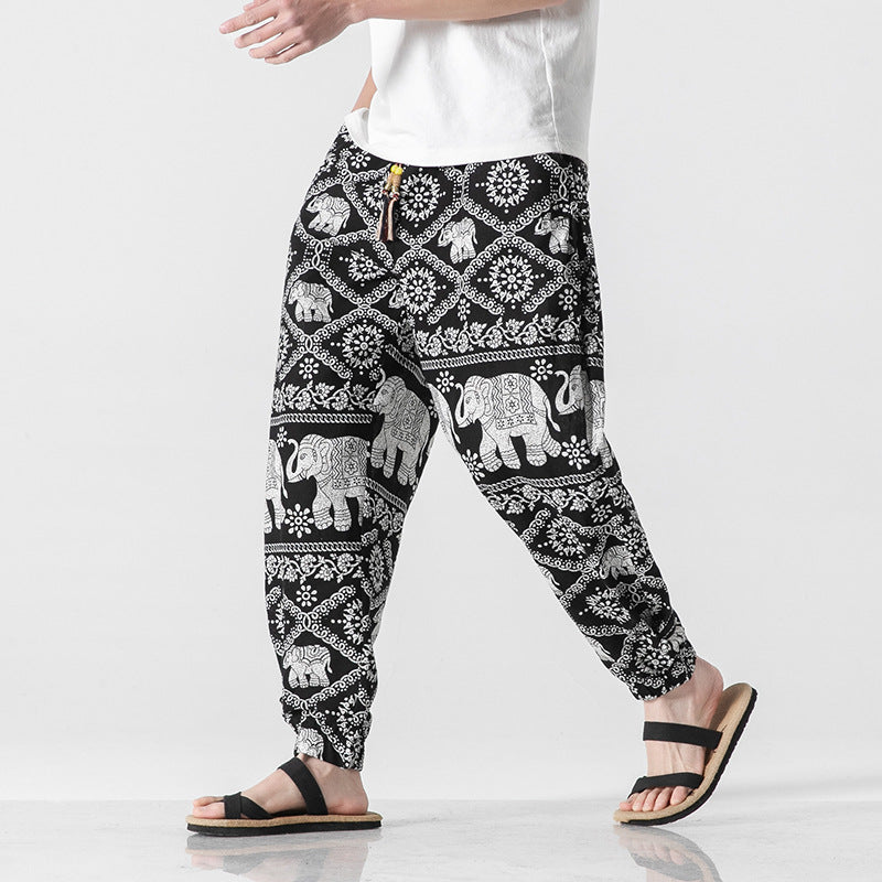 Unisex casual Boho harem pants with elephant pattern, elastic waistband and cuffs Mune Fashion