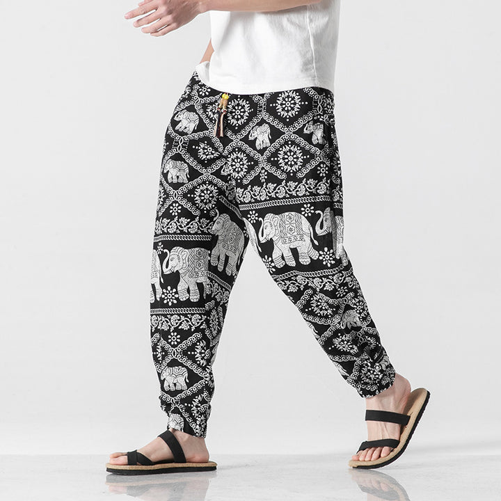 Unisex casual Boho harem pants with elephant pattern, elastic waistband and cuffs Mune Fashion
